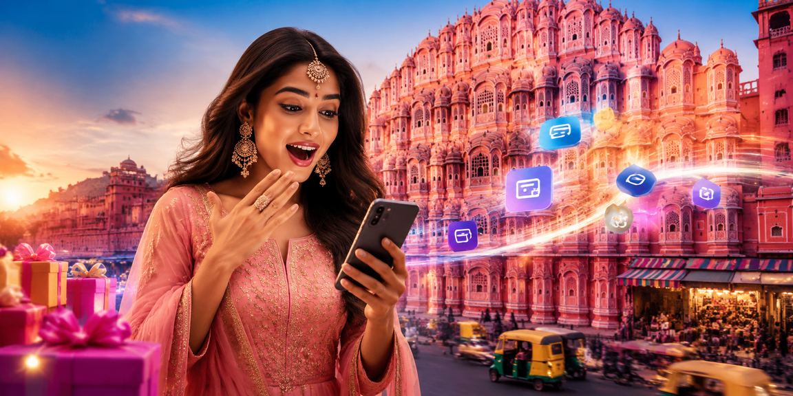 Young woman using UPI payment for casino deposit in Jaipur outdoor setting