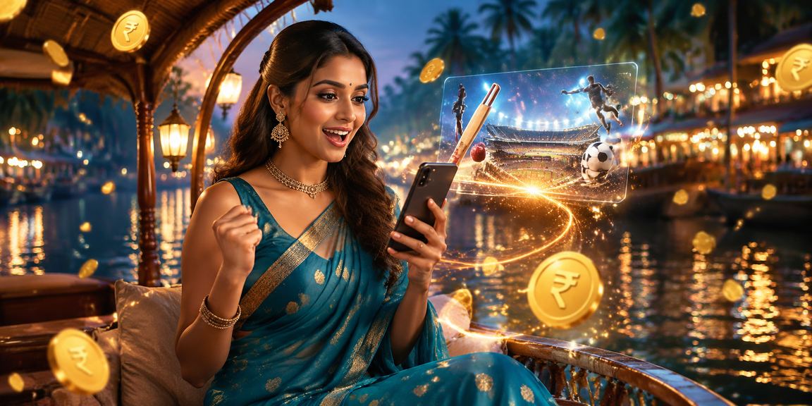 Woman using mobile to play casino and bet in Kerala backwaters